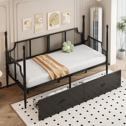 OKMYHOME Lit Banquette 90x200 cm - Lit Simple Métal avec Tiroirs de Rangement, Style Vintage, sans Matelas - Noir