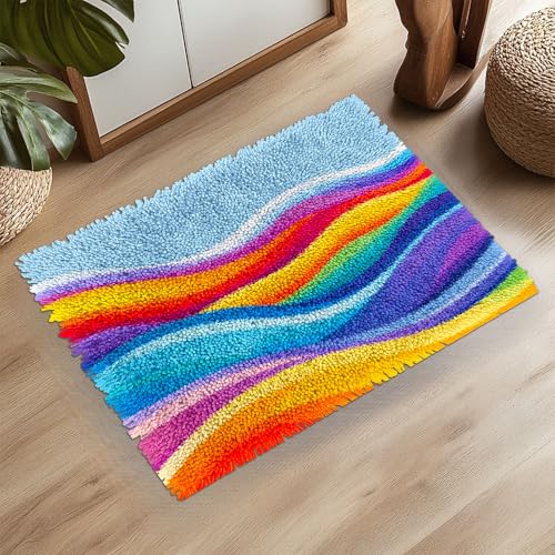 Image of DIY Latch Hook Kit Rug for Adults Rainbow Waves Graphic Pre-Printed Handmade Carpet Crochet Yarn Craft Hook and Latch Door Mat Tapestry Home Floor Decor 52x38cm-2