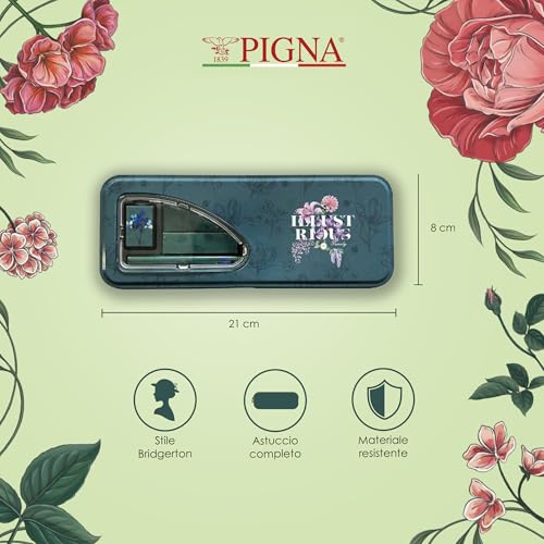 Pigna x Bridgerton, Schreibset (2 Bleistifte, 1 Anspitzer, 1 Radiergummi und 1 Lineal), Schreibwaren-Set, verpackt in einer Blechdose