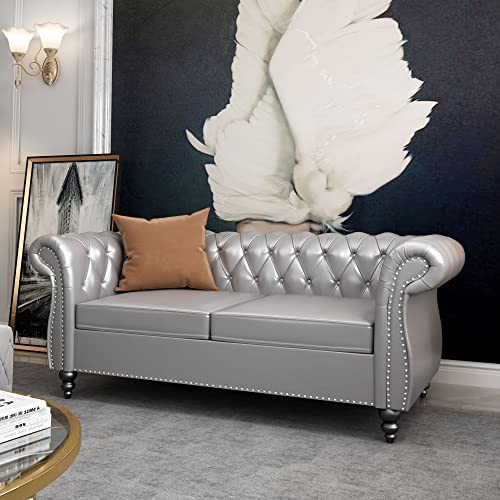 Image of ORRD Chesterfield Loveseat, Modern Leather Sofa Tufted Couch 2 Seater with Rolled Arms and Nailhead for Living Room, Bedroom, Office, Apartment (Grey)