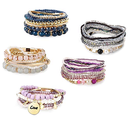 Finrezio 5 Sets Bohemian Beaded Bracelets for Women Multilayer Stretch Stackable Bracelet Set Multicolor Jewelry