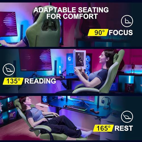 Image of GTPLAYER Ergonomic Gaming Chair with Lumbar Cushion & Footrest, Premium Fabric, Office Chair for Work, Study Chair with Linked Armrests, Adjustable Headrest, 1 Year Warranty (Green)