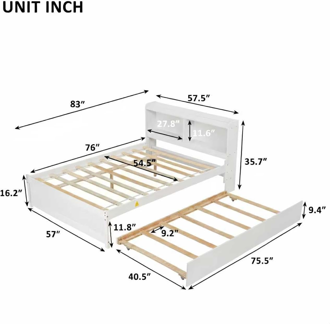 Harper & Bright Designs Platform Bed Full Size with Trundle and Bookcase Headboard, Wood Full Captain Bed with Storage Bookself, Trundle Bed Under for Kids Girls Boys, White