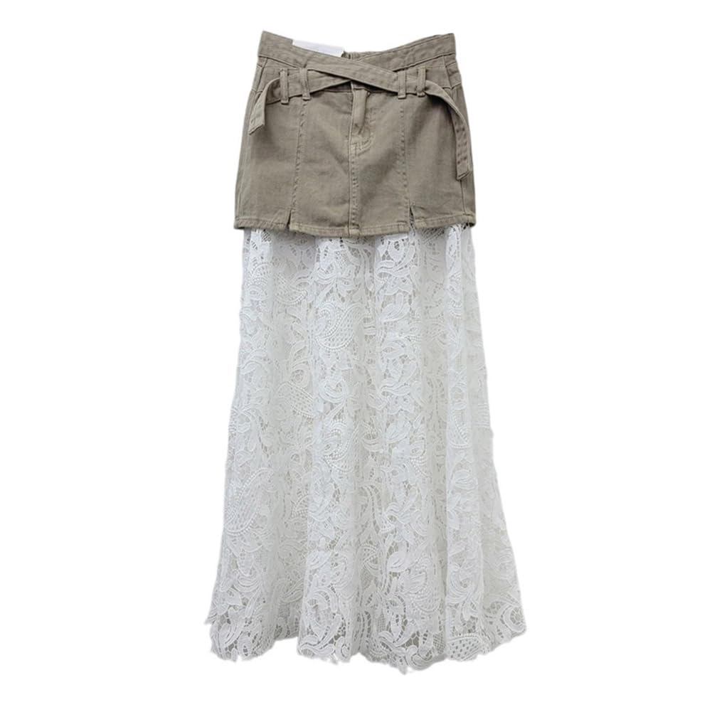 Women Denim Patchwork Lace Skirt High Waist Flowy A-Line Trendy Summer Maxi Skirts Streetwear