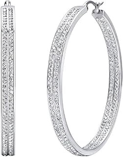 LOLIAS Women's Stainless Steel Large Hoop Earrings Rhinestone Silver Tone Hypoallergenic Pierced CZ