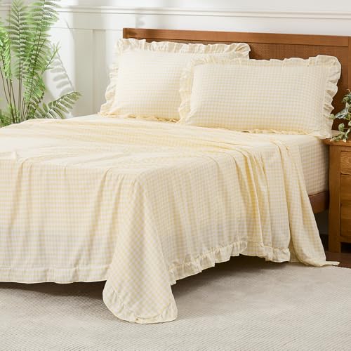 kisswish Gingham Queen Sheet Set Lightweight Super Soft Brushed Microfiber Plaid Bed Sheets with 16 Deep Pocket 4 Piece Ruffle Farmhouse Bedroom Decor Yellow