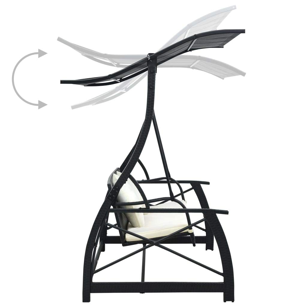 Hollywoodschaukel 3-Sitzer mit Dach Poly Rattan Schwarz wetterfest, Gartenschaukel mit Polster, Terrassenschaukel aus pulverbeschichtetem Stahl, Relaxen auf Veranda und Balkon