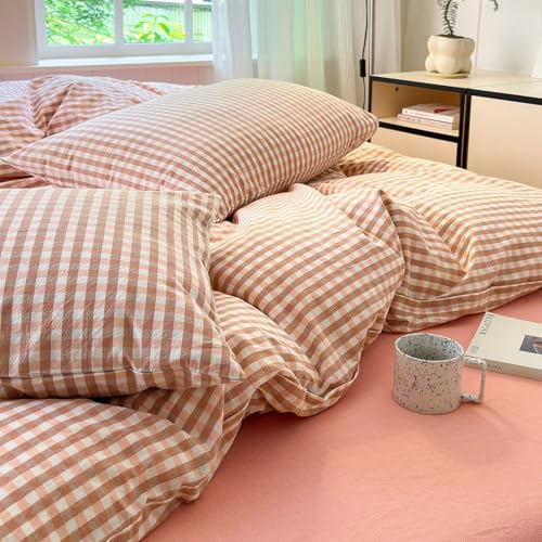 Image of LifeTB Pink Gingham Comforter Set Queen Modern Style Blush Grid Comforter Set 3 Pieces Vintage Plaid Checkered Comforter with 2 Pillowcases Fluffy Soft Farmhouse Gingham Bedding Set Queen Size