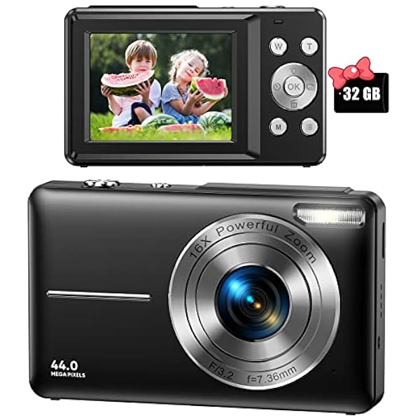 Fotocamera digitale 44 MP 1080P HD fotocamera con scheda da 32 GB, fotocamera compatta 16 X zoom digitale con 2 batterie ricaricabili, macchina fotografica per bambini, adolescenti, principianti,
