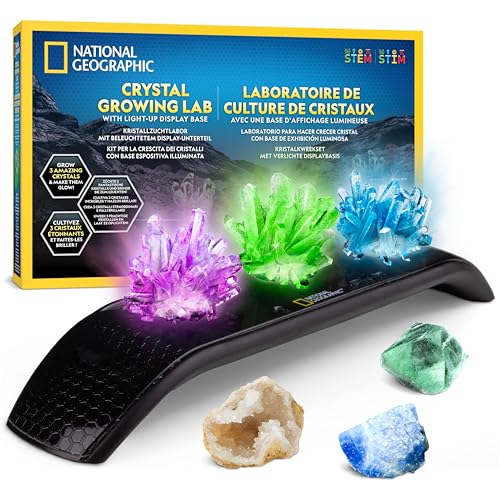 Kit de Cristales National Geographic – Cultiva 3 Cristales de Colores con Base Iluminada y Guía, Incluye Geoda, Fluorita Verde y Otras Gemas Reales