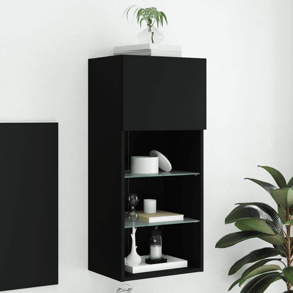 Meuble TV design mural noir flottant avec système lumineux LED RVB multicolore
