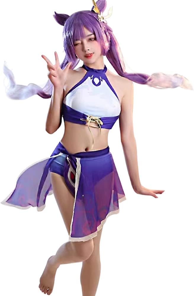 Anime Swimsuits Cute Women Swimsuit Genshin Keqing Swimsuit Three Piece Set Including Women Chiffon Coverup