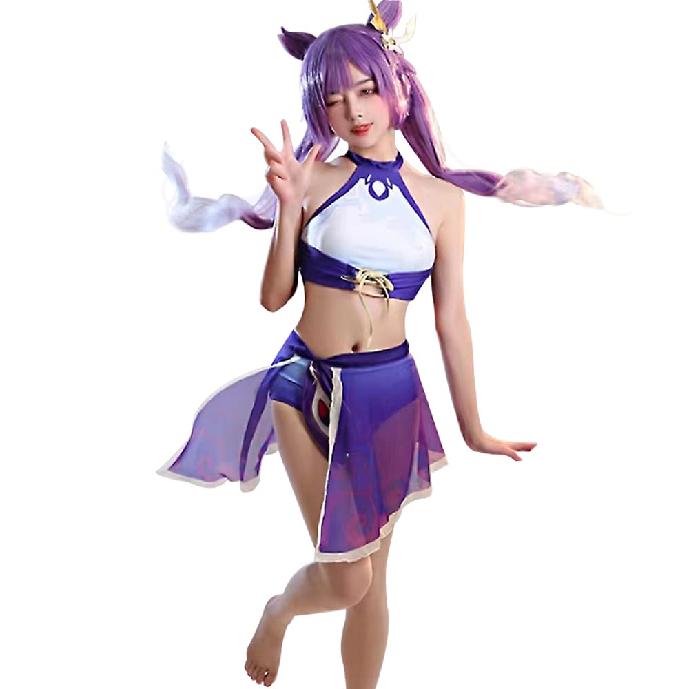 Anime Swimsuits Cute Women Swimsuit Genshin Keqing Swimsuit Three Piece Set Including Women Chiffon Coverup