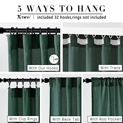 Image of XTMYI Emerald Dark Green Curtains for Living Room 84 Inches Long 2 Panels Set Linen Rod Pocket Back Tab Hooks Pleated Hunter Green Vintage Retro Curtains for Bedroom Decor Dining Room