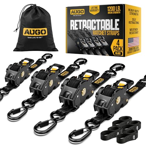 AUGO Retractable Ratchet Straps | 4 Heavy Duty Ratchet Straps Self Retractable Tie Down Straps with Soft Loops & Storage Bag for Motorcycle, Truck, Trailer, Cargo Van | 1200 Lb Break Strength 1” x 10’