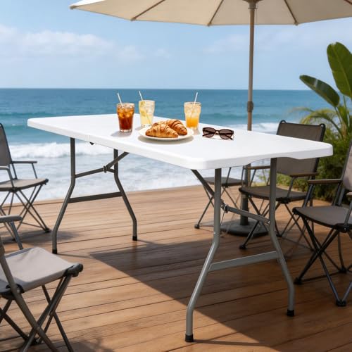 Lakhow 6 FT Folding Table,Outdoor Indoor Plastic Table Portable Square Height Dining Table Perfect for Picnics, Parties, Party and Camping, White - Image 2