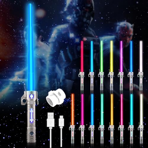 CJBIN Sable de Luz, Espada Laser Star Wars Niños, 15 Colores Sonido de Combate Simulado, Espada Láser de Star Wars, Sable de Luz Led, Espada Láser Retráctil 2 en 1 para Niños (Mango Plateado)