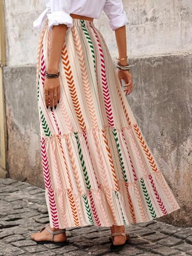 EARKOHA 2025 Women's Striped Pleated A-Line Maxi Skirt Casual Summer Boho Flowy Skirt Beach Vacation Outfits Apricot S2