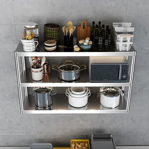 Renmlion Estantería de Acero Inoxidable de 3 Niveles，Estante de Almacenamiento para Cocina Estante de Pared Resistente para condimentos flotantes，Rejilla de Metal para cacerolas(100x30x75cm)