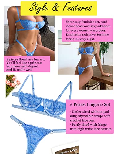 Dlsave 2 Pieces Sexy Lingerie For Women Eyelash Lace Mesh Bra And Panty Set Push Up Strap Bralette Lingerie Sets Underwear Lblue #TOP2