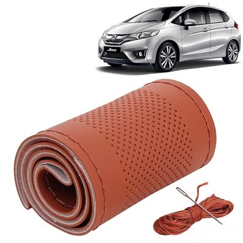 Image of KINGSWAY PU Leatherite Car Steering Cover Sewable Compatible with Honda Jazz (Year 2014-2018), Tan Color with Tan Thread, Pack of 1 with Sewing Needle and Thread