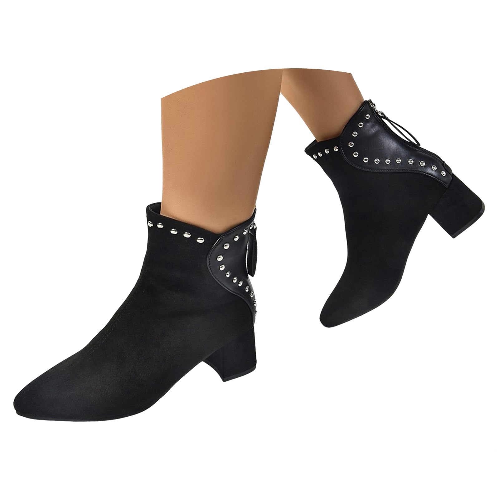 Suede Ankle Booties for Women Dressy Low Chunky Heel Pointed Toe Rivet Beaded Studded Side Zipper Boots Fall