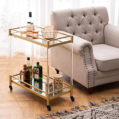 Sicotas Bar Cart Gold, Home Bar Serving Cart Dining Cart With Wheels, Kitchen Storage Cart Wine Cart With 2 Mirrored Shelves Holders, Glass Caddy For Kitchen, Dining Room #TOP6