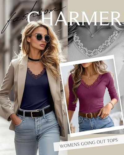 3 Pack Women's 3/4 Sleeve Tops V Neck Cotton Ribbed Lace Sexy Shirts Slim Fit Casual T-Shirts Tight Going Out Top4