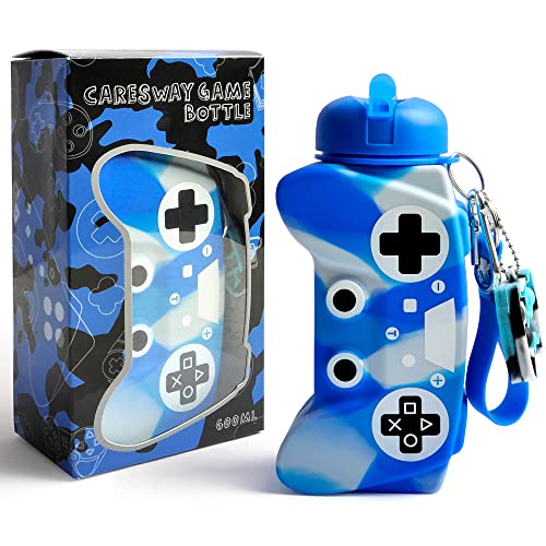 CARESWAY Kinder Trinkflasche mit Schlüsselanhänger - 600ml Mädchen und Jungen Spiel Trinkflasche Für Schule - Auslaufsicher Wiederverwendbar BPA Frei für Kinder Getränke (Blau)