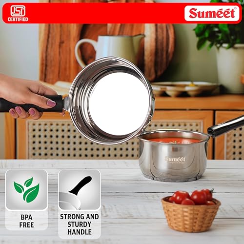 Image of Sumeet ISI Certified Stainless Steel Induction & Gas Stove Friendly Saucepan /Milk Pan /Tea Maker Set of 2Pcs - 800 & 1200ml, 13.5 & 15cm Dia, Silver
