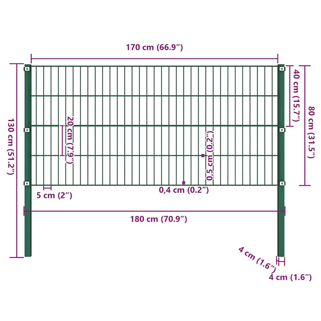 Zaunelement mit Pfosten Eisen grün 176,5 x 80 cm wetterfestes Gartenzaun-Doppelstabmatte mit Maschendraht Sichtschutz für Terrasse, Balkon, Vorgarten und Grundstück