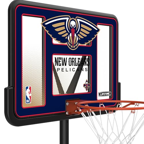 Image of Lifetime NBA New Orleans Pelicans Portable Basketball Hoop, Adjustable Height 7.5-10 Ft, 44 Inch Shatterproof Fusion Backboard, Base with Wheels
