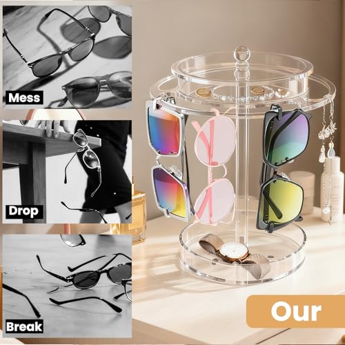 Acrylic Sunglasses Holder Stand with 360° Rotation - Double-Layer Trays, Dustproof Top Lid, Clear Eyeglasses Display Rack for Tabletop/Vanity/Office - Space-Saving, Shatter-Resistant & Modern Decor by Hdkwby - Image 2