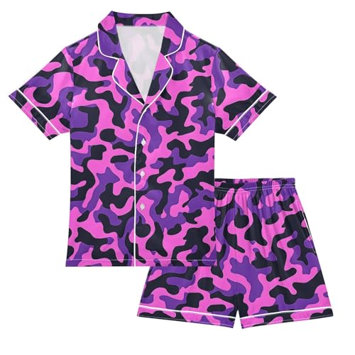 ALAZA Funny Camo Camouflage Satin Pajamas Set Short Sleeve Button Down Sleepwear Summer Pjs 2 Piece