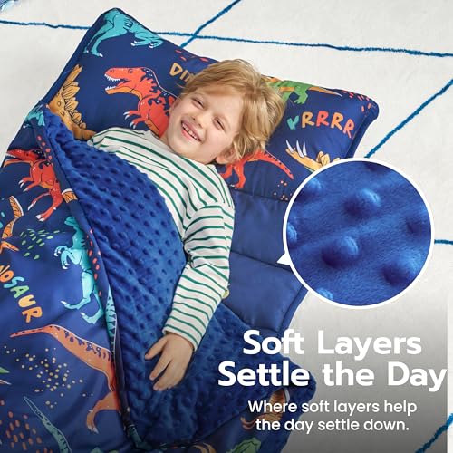 Image of JOIEDOMI Toddler Sleeping Bag for Kids 55''x30'' Nap Mat with Removable Pillow and Minky Blanket for Toddler Ages 3-7 Roll Up Soft Kids Sleeping Bag for Boys Girls Kindergarten Daycare Sleepover