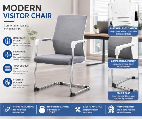Image of LADDOO Mesh Visitor Chair Set of 2 | Ergonomic Office Guest Chair with Lumbar Support, Breathable Backrest, Cushioned Seat | Heavy-Duty Base | Reception /Waiting Room (Grey) (Installation Needed)