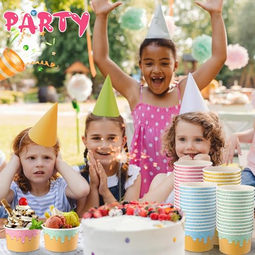 Image of 100 Pcs 10 oz Ice Cream Cups Paper Disposable Dessert Bowls Paper Ice Cream Sundae Bowls Bulk Dessert Cups Yogurt Snack Soup Containers for Cold or Hot Food Summer Birthday Party Supplies
