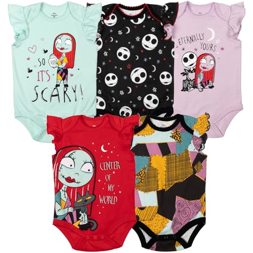Image of Disney Nightmare Before Christmas Sally Jack Skellington Baby Girls 5 Pack Bodysuits Newborn to Infant