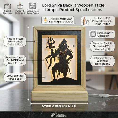 Image of Divine Shiva Backlit Table Lamp, Soothing Warm Backlight for Meditation, Durable MDF and Acrylic Construction, Includes Power Adapter, Natural, 8.25 inch (Sqr Shiva)