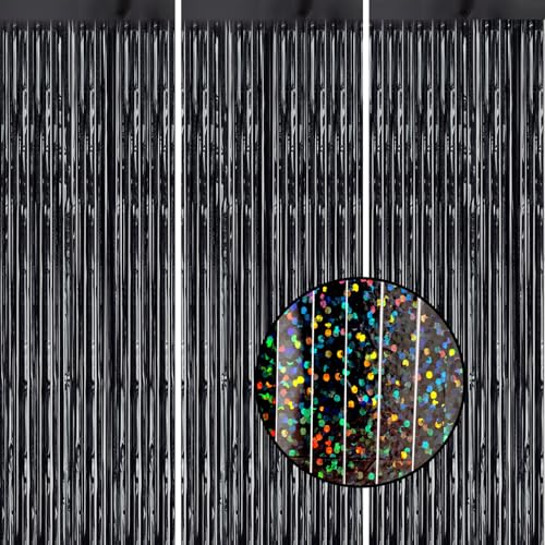 DECOCKRAT 3 Pack Foil Fringe Backdrop - Laser Black Shiny Tinsel Curtains for Party Decoration/Photo Booth Props - 3.3x8.2 FT Metallic Foil Backdrop for Birthday, Wedding, Graduation, Christmas.