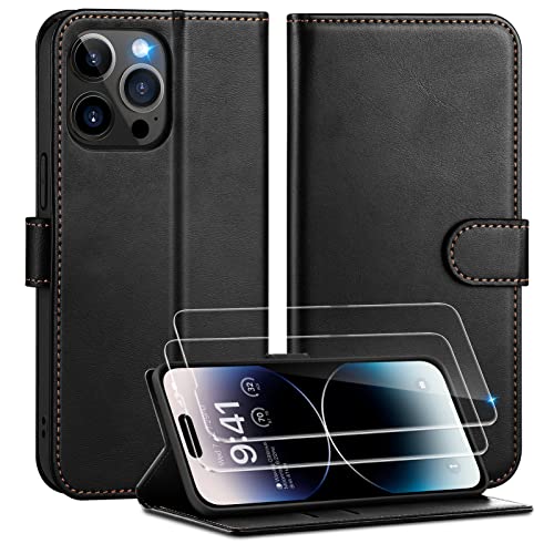 Focusor Cover a Libro iPhone 14 Pro con 2 Pezzi di Vetro Temperato, Custodia in Pelle iPhone 14 Pro Magnetica Sintetica TPU Antiurto, Funzione Supporto/Portafoglio Protezione Completa, Nero