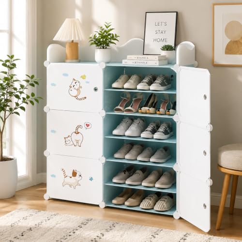 Image of LUVHOMEE Plastic Shoe Rack for Home with Door, 6-Door Shoe Storage Cabinet | 12-Shelfs for 24 Pairs | Waterproof & Portable DIY Shoe Slipper & Chappal Stand for Entryway /Bedroom (Blue-F4)