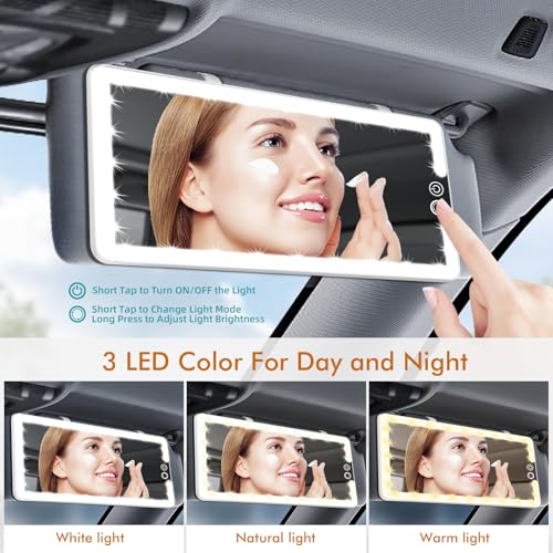 Image of Car Sun Visor Vanity Mirror with Lights, Rechargeable LED Car Visor Makeup Mirror with 3 Color Dimmable Lights - Universal Accessories for Cars, SUVs, Trucks (White)