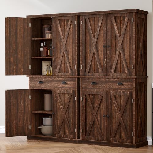 DWVO 72'' Tall Farmhouse Kitchen Pantry, Rustic Wood Kitchen Storage Cabinets with Adjustable Shelves & Drawer, Freestanding Cupboard for Dining Room, Living Room, Rustic Brown Oak