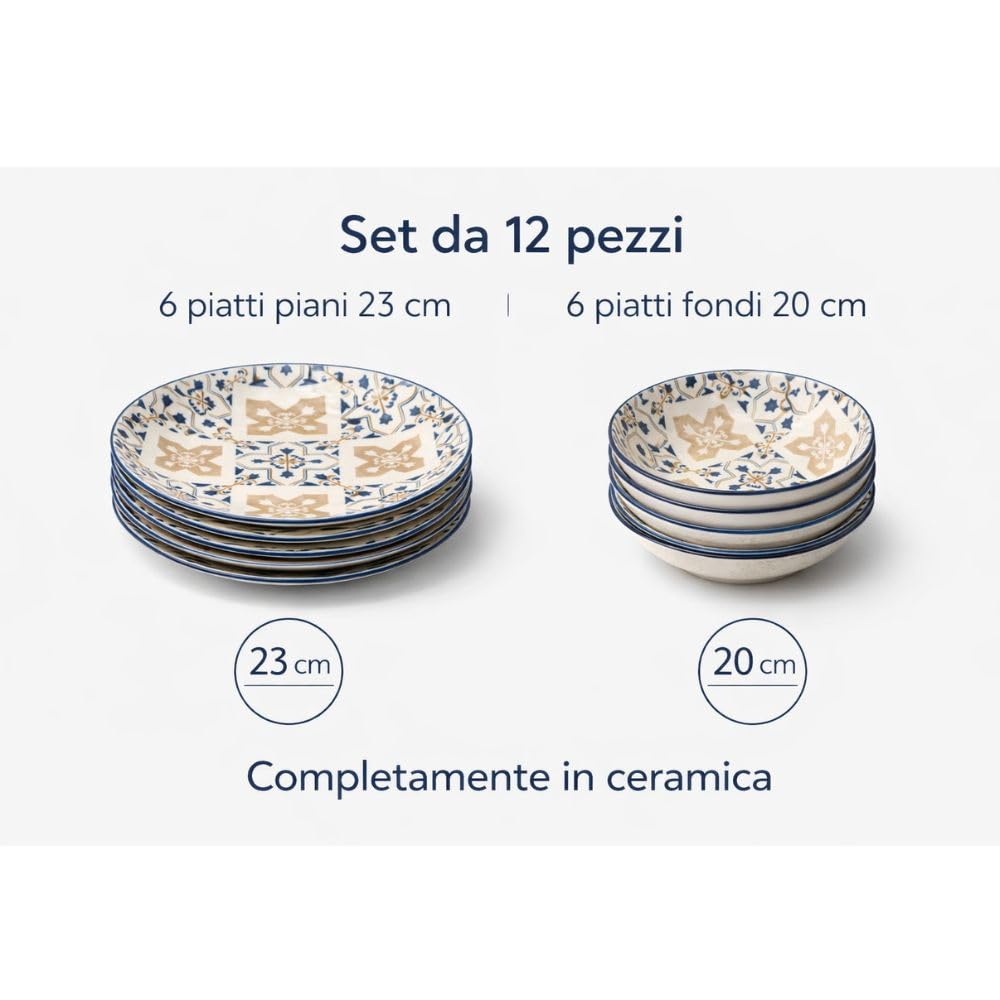 Servizio Piatti 12 Pezzi in Ceramica Cecaro Group – Fantasia Maiolica Blu – Set Tavola Design Elegante – Lavastoviglie e Microonde