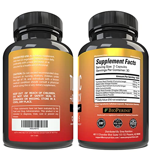 Envy Nutrition TUR-60 Turmeric & Ginger Supplement Capsules With Apple Cider Vinegar - Enhanced Immunity & Metabolism Support thumb #1