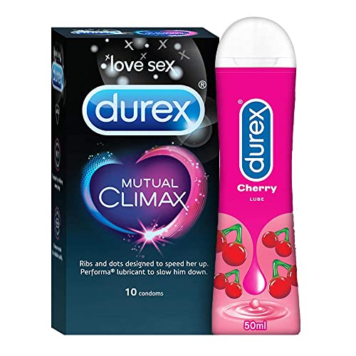 Durex Mutual Climax Condoms for Men & Women - 10 Count with Durex Water based Lube Cherry flavoured Lubricant Gel, Extra Dotted and Ribbed for Pleasure (50ml)