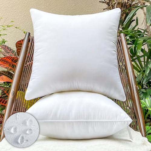 DDPSNSSJ 2 Pack 16x16 inch Square Pillow Inserts - Waterproof Outdoor Cushion Stuffers for Patio Furniture Sofa Couch Balcony & Garden - Replacement Cushion Pads (White)