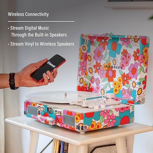 Image of Crosley CR8005F-GF Cruiser Plus Record Player, Groovy Floral | 3-Speed Turntable, Bluetooth In / Out, Built-in Stereo Speakers, Isolated Internal Speakers Minimize Vibration