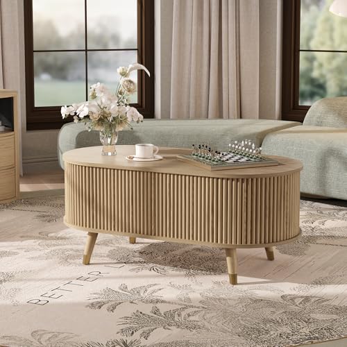 Image of JOINICE Oval Lift Top Coffee Table with Storage for Living Room,43 inch,Oak